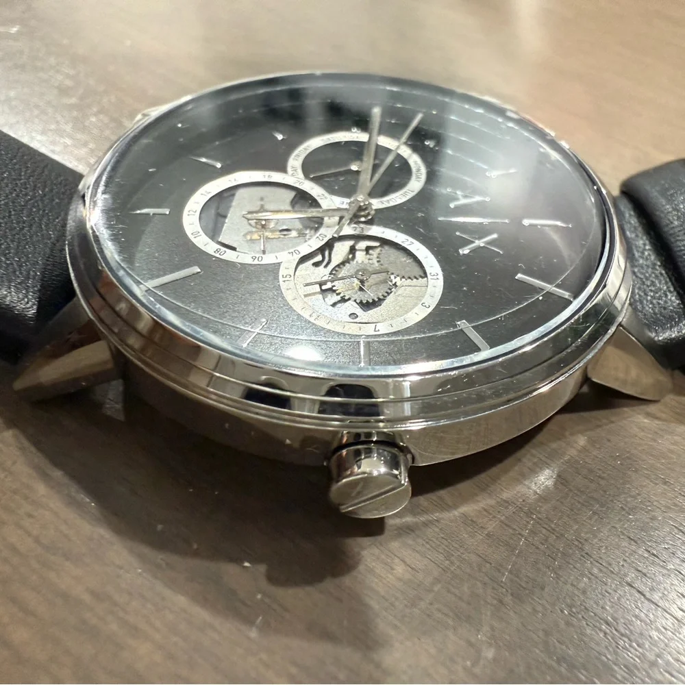 Armani Exchange NEW Cayde Chronograph Black Dial Black Leather Strap Watch